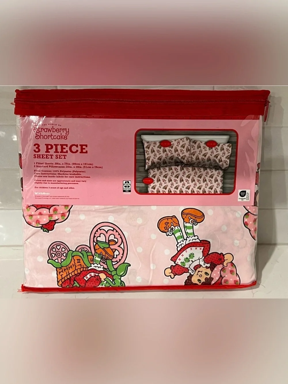Lot 2 STRAWBERRY SHORTCAKE Twin Fitted Sheet Set 3 Piece 2 Pillowcases Pink HTF
